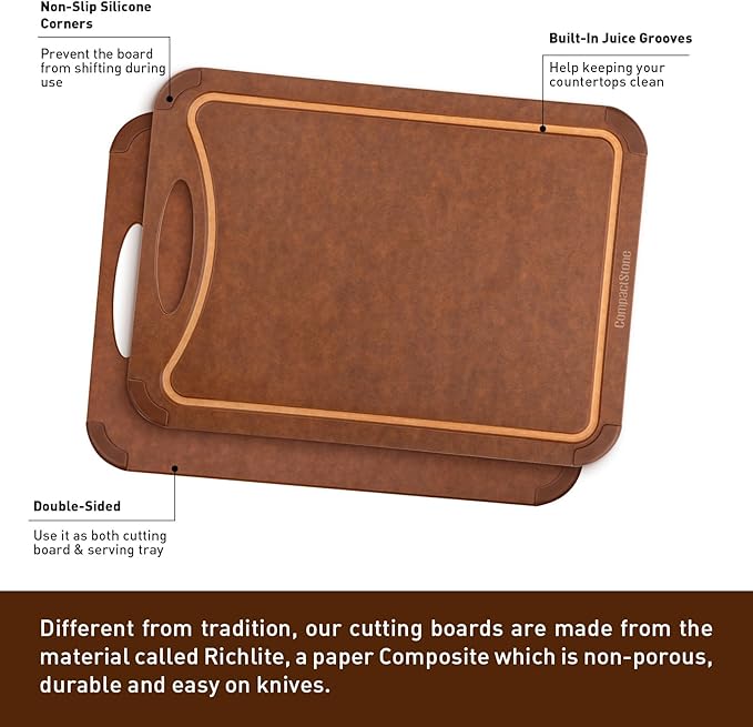 CompactStone Cutting Board with Non-Slip Feet and Juice Groove for Kitchen, Wood Fiber Composite, 17.3-Inch by 12.8-Inch, Brown