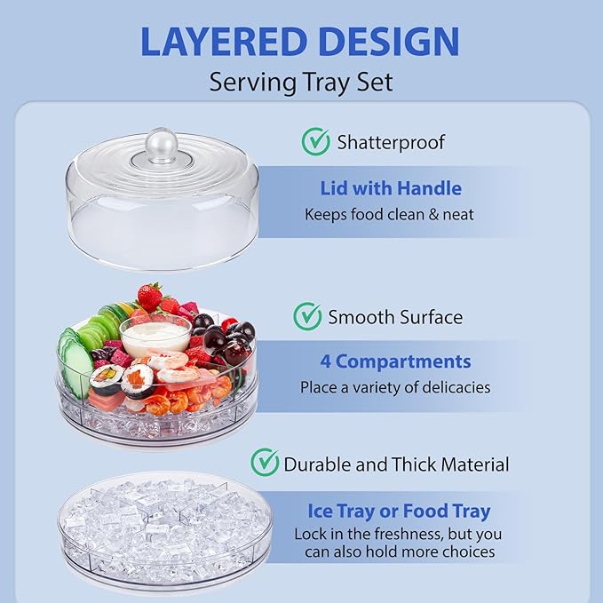 4-in-1 Small Mini Premium Rotating Chilled Serving Tray, 9.05" Ice-Cooled Party Platter with 4 Compartments – Perfect for Fruit, Cake, Desserts, and Shrimp Cocktails – Keeps Food Fresh & Cool