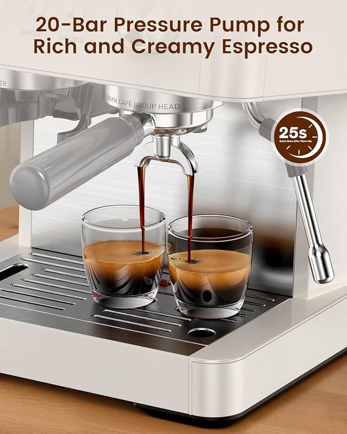 Electactic 20 Bar Espresso Machine with Built-in Anti-Clog Coffee Grinder, Expresso Coffee Machines with Milk Steam Wand/Frother/Tamping Tools,Espresso Maker with Grinder for Lattes-White