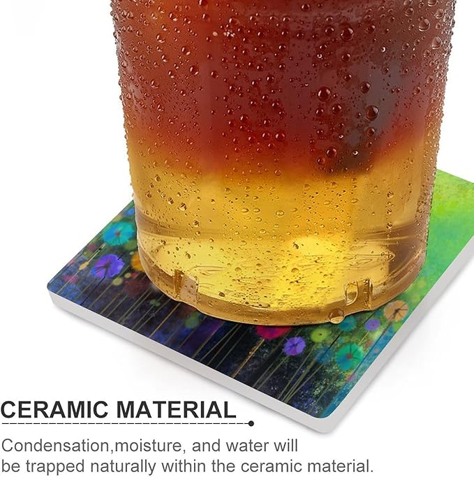 Square-4PCS Floral Drink Coasters, Square Modern Ceramic Absorbent Coasters, Watercolour Abstract Wildflower Nature Plant Colorful Floral Decor Desk Coffee Table Coaster for Beverage Cup Tea Coasters