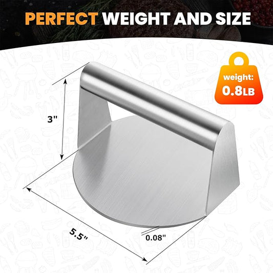 Burger Press, 5.5” Stainless Steel Round Hamburger Press, Hamburger Smasher with Smooth Edges, Non-Stick Grill Press for Smashburger, Meat, Ground Beef, Sausage, Bacon