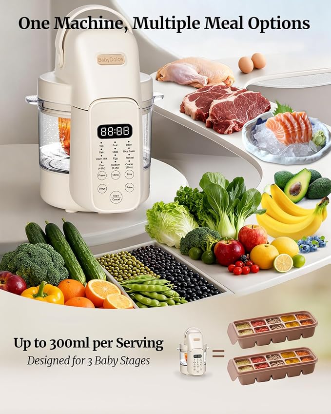 Baby Dolce Baby Food Maker, 9 in 1 Glass Baby Food Processor Steamer Puree Blender with 6 Blades, One Step Cook Grinding, Touch Screen Control, Multifunctional Blender with 24h Timer, Dishwasher Safe