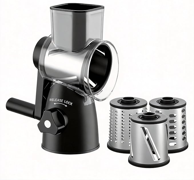 JIUMEXES Rotary Cheese Grater Hand Crank with 3-in-1 Blades - Fast, Safe & Effortless Grating, Perfect for Cheese, Vegetables & Chocolate, BPA-Free with Steel Drums,Black
