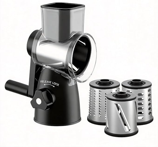 JIUMEXES Rotary Cheese Grater Hand Crank with 3-in-1 Blades - Fast, Safe & Effortless Grating, Perfect for Cheese, Vegetables & Chocolate, BPA-Free with Steel Drums,Black