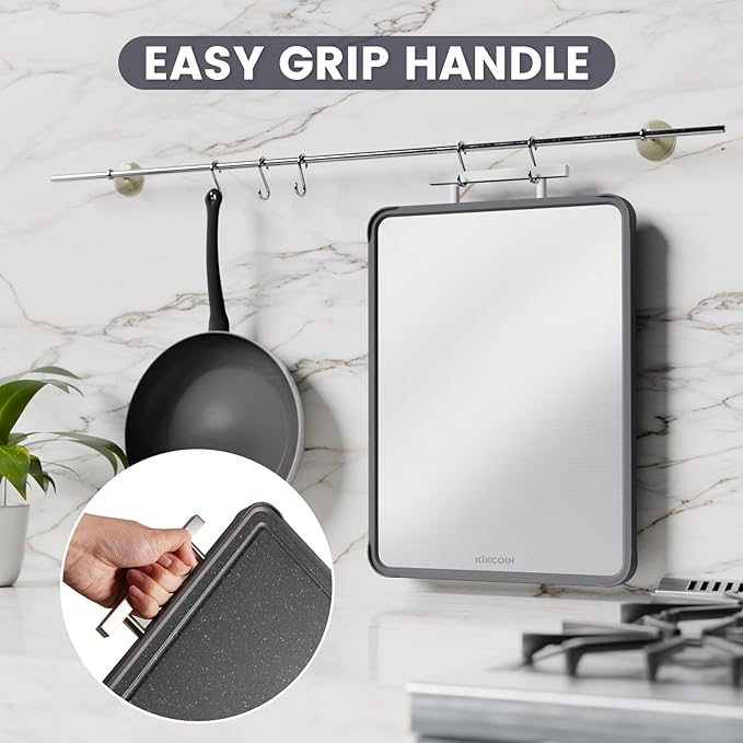 Kikcoin Double Sided Stainless Steel Cutting Boards for Kitchen, Stainless Steel and Wheat Straw PP Large Chopping Board, Black