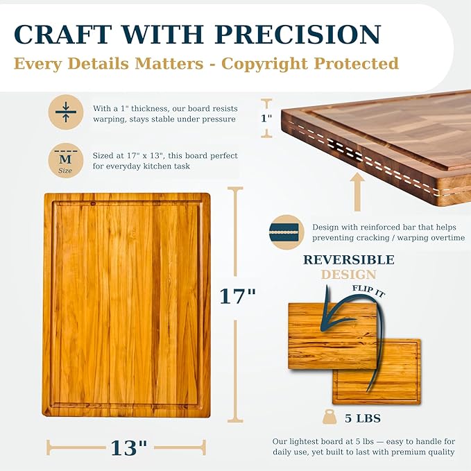 Bearchop Teak Cutting Boards for Kitchen, [17" x 13" x 1.5"] Medium Edge Grain Cutting Boards, Solid Teak Wood Butcher Block Cutting Board with Juice Grooves and Handle, Knife Friendly and Reversible