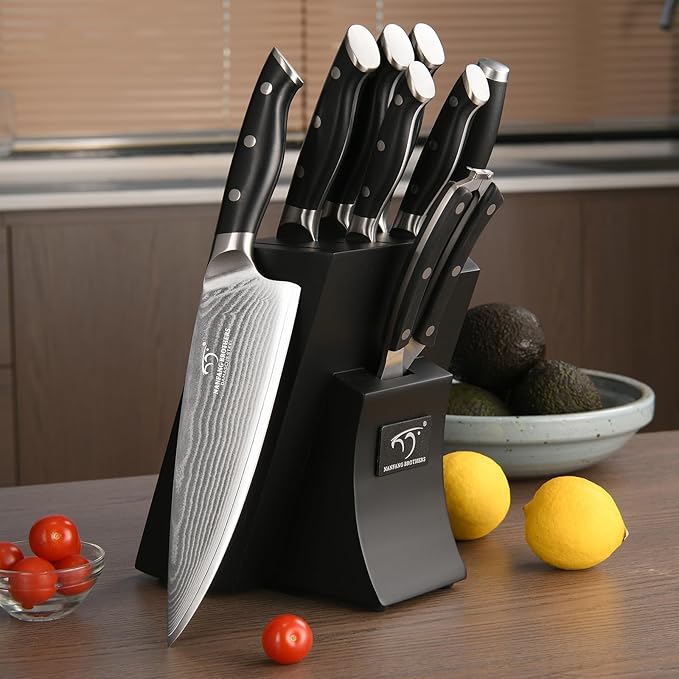 NANFANG BROTHERS Knife Set, 9 Pieces Damascus Kitchen Knife Set with Block, ABS Ergonomic Handle for Chef Knife Set, Knife Sharpener and Kitchen Shears, Knife Block Set
