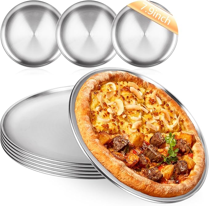 LANIAKEA 8 Pieces Stainless Steel Pizza Pans 8 Inch Round Pizza Oven Baking Serving Plate Tray Non-Stick Coating Pizza Plate for Pizza Pie Cookie, Baking, Serving, Dishwasher Safe