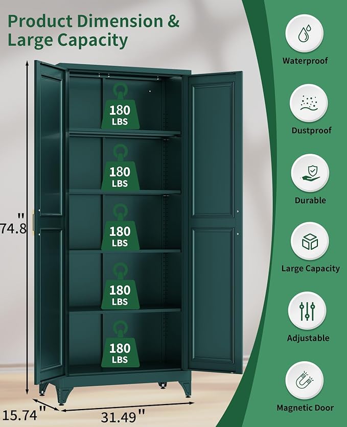Metal Storage Cabinet with 2 Magnetic Doors and 4 Adjustable Shelves, 74.8" Tall Pantry Garage Cabinets, Modern Tool Storage Cabinet for Home Office, Kitchen, Living Room