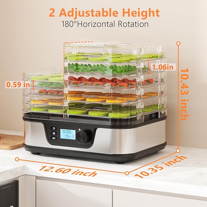 Food Dehydrator, 5 Stainless Steel Trays, 72H Timer & Temp Control up to 167°F, 400W Food Dryer, Recipe Book for Jerky, Fruit, Meat, Vegetables, Herbs, BPA-Free