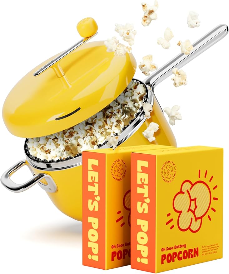 Popsmith Starter Bundle in Butter - 6 Quart Stovetop Popcorn Machine with 10 Movie Theater Buttery Popcorn Kits - Stainless Steel Popcorn Maker Compatible with All Stovetops