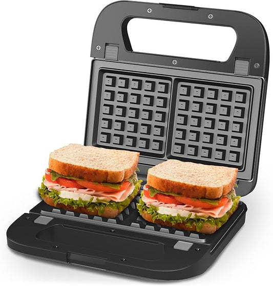 3 in 1 Electric Sandwich Maker, Panini Press Grill and Waffle Iron Set, Grill and Sandwich Press with Removable Non-Stick Plates, Indicator Lights & Cool Touch Handle, 750W, Black