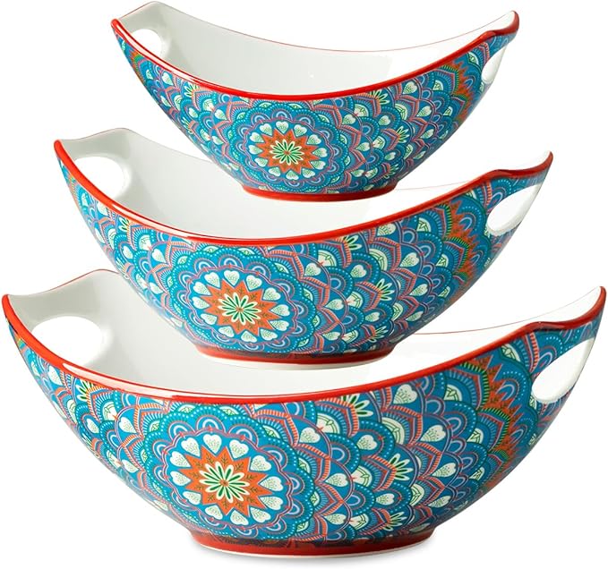 LAUCHUH Serving Bowls with Handles, Bohemian Porcelain Serving Dishes for Entertaining Colorful Nesting Bowls Salad Bowls for Kitchen, St. Patrick's Day, Set of 3, 15/28/49 oz, Blue and Red