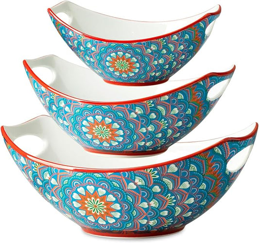 LAUCHUH Serving Bowls with Handles, Bohemian Porcelain Serving Dishes for Entertaining Colorful Nesting Bowls Salad Bowls for Kitchen, St. Patrick's Day, Set of 3, 15/28/49 oz, Blue and Red