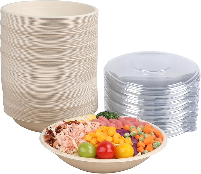 JAYEEY 24 oz Round Disposable salad bowls with lids, Sugarcane Fiber Paper Bowls take away food containers Plant Fibers Freezer Safe 50 Pack