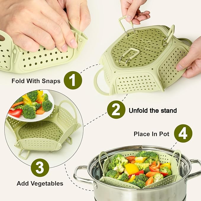Large Collapsible Silicone Steamer Basket, Silicone Vegetable Steamer Basket With Handles, BPA Free, Expandable for Pot, Non Slip Feet, Compact Storage, Dishwasher Safe