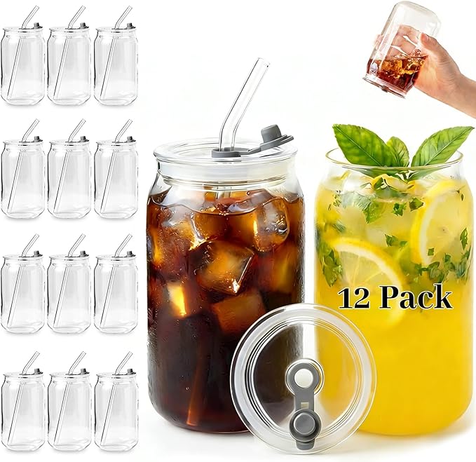 Leakproof Glass Cups with Plastic Lids and Straws, 16oz Iced Coffee Cup, Drinking Glasses Tumbler for Water, Boba Tea, Smoothie - 12pcs