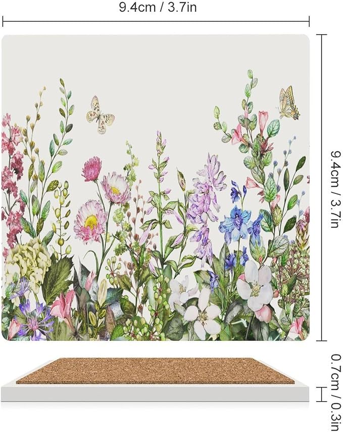 Floral Drink Coasters, Square Ceramic Drink Coaster Square-4PCS, Watercolour Flower Herb Nature Plant Floral Butterfly Decor Absorbent Ceramic Coasters for Beverage Cup, Bar, Coffee Table
