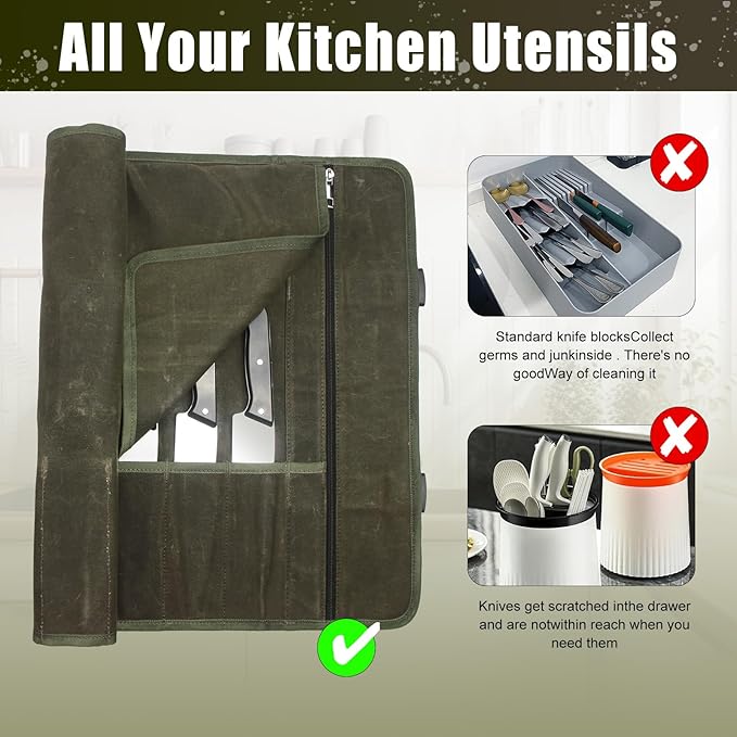 Chef Knife Roll Bag,Waxed Canvas Knife Travel Case,Heavy Duty Professional Knife Carrier Storage Holder with 10 Slots,Portable Kitchen Culinary Tool Organizer for Men,Fits up to 18.8”Knives Army Green