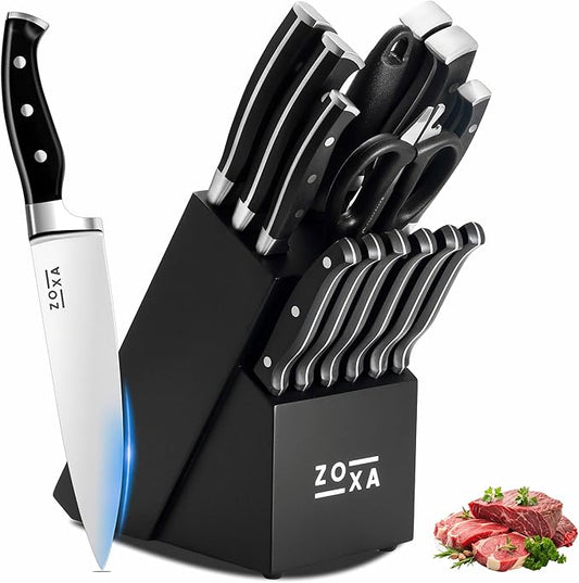Kitchen Knife Set with Block, 15-Piece Stainless Steel Chef Knife Set, Kitchen Knives with Steak Knives, Honing Rod & Kitchen Scissors, Knife Block Set