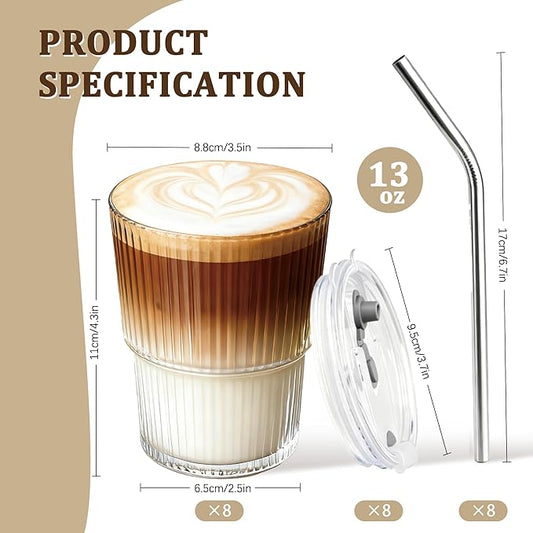 8 Packs Ribbed Glass Tumbler with Lid and Straw Ice Coffee Cup Kitchen Gadgets First Apartment Essentials New Home Must Haves Things Stuff Accessories House Warming Housewarming Hostess Host Gift