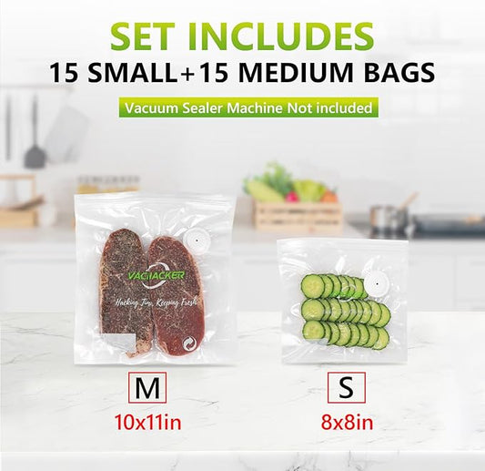 Reusable Vacuum Sealer Bags–30 Pack (15 Small 8x8 in+15 Medium 10x11 in), BPA Free Food Vacuum Seal Bags, Leakproof, Dishwasher, Freezer&Sous Vide Safe, Vacuum Sealer Not Included