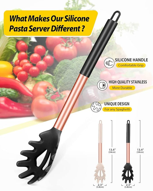 Pack of 2 Silicone Pasta Fork, Kitchen Heat Resistant Noodle Spoon Server, BPA Free Spaghetti Strainer, Best Cooking Tools (ROSE GOLD BLACK-KHAKI)
