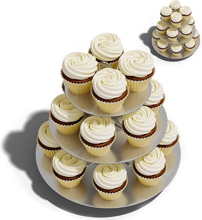 Cupcake Stand Tower, 2 Pack, Silver, 3 Tiered, Cup Cake Stand Cardboard Dessert Holder for Parties (Cardboard Silver 2 Pack)