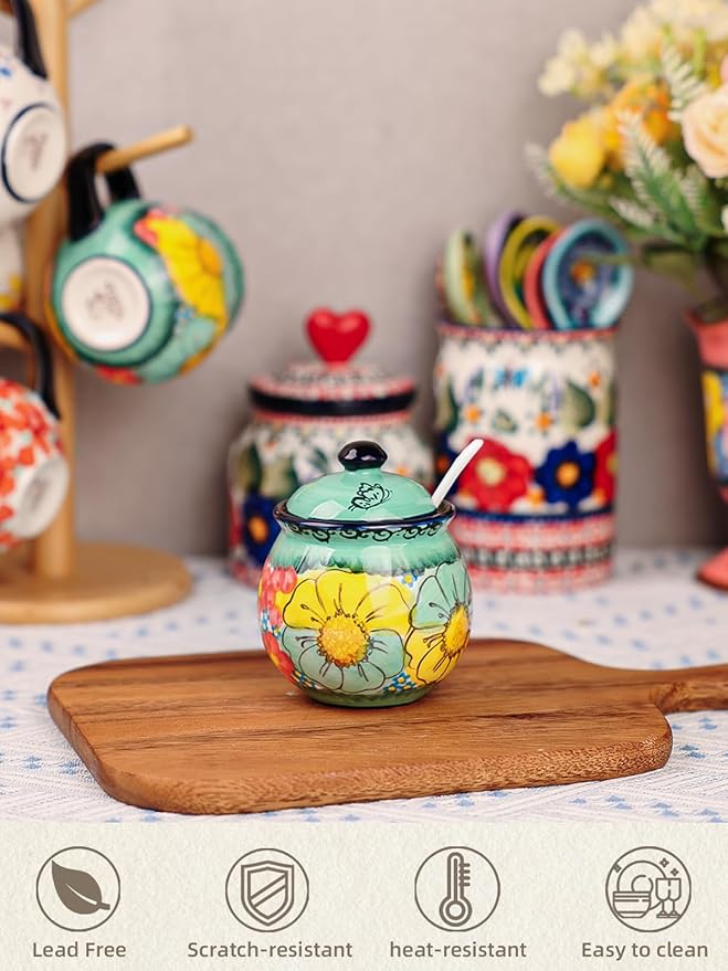 silesia Handmade Sugar Bowl with Lid and Spoon, 8 oz Hand-Painted Ceramic Sugar Jar, Floral Design Seasoning Container for sugar, honey, or spices, Dishwasher Safe (Flowers Green)