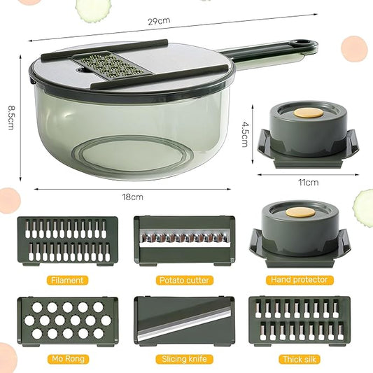 Mandoline Slicer with Hand Protector, Interchangeable Blade Vegetable Slicer Mandoline, Cucumber Slicer with Colander for Potato, Tomato, Carrot (Green)