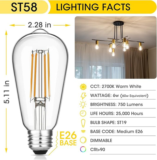 Vintage LED Edison Bulbs, 6W, Equivalent 60W, Dimmable, High Brightness Warm White 2700K, ST58 Antique LED Filament Bulbs with 90+ CRI, E26 Standard Base Light Bulbs, Clear Glass, Pack of 4