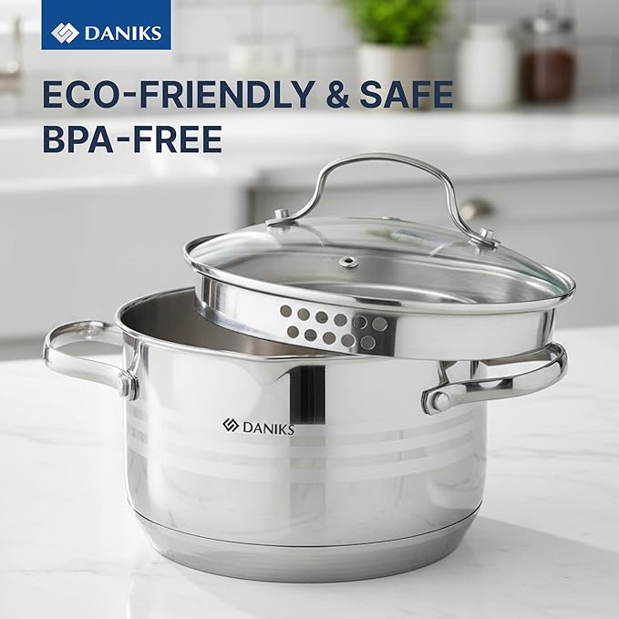 Daniks Tokio Stainless Steel Stock Pot 3 Quart, with Glass Strainer Lid, Induction Ready, Dishwasher Safe, Measuring Scale, Silver