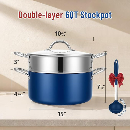 AOSION 6 Quart Steamer Pot With Lid, Nonstick Ceramic Steam Pot with Ladle, 2-Tier Multipurpose Steamer for Cooking with Vegetable,Soup, Stews,Dumplings,Oven & Dishwasher Safe