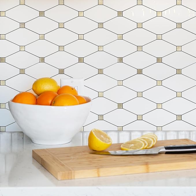 STICKGOO 10 Sheets Peel and Stick Backsplash, Pure White Marble Look PVC Mixed Metal Gold Kitchen Backsplash, Stick on Backsplash Wall Tiles for Kitchen, Bathroom, RV
