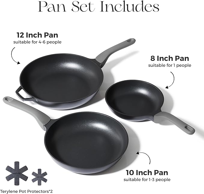 PRICUSIS 5Pcs Nonstick Frying Pan Set, 8+10+12 Inch Induction Compatible Skillet with Stay Cool Handle, Fully Coated, 100% Dishwasher Safe, PFOA Free (Black Sesame)