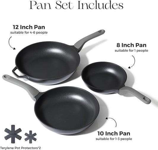 PRICUSIS 5Pcs Nonstick Frying Pan Set, Swiss ILAG Coating, 8+10+12 Inch Induction Compatible, Stay Cool Handle, Fully Coated, 100% Dishwasher Safe, PFOA Free Omelet Pans, Warp Resistant (Black Sesame)