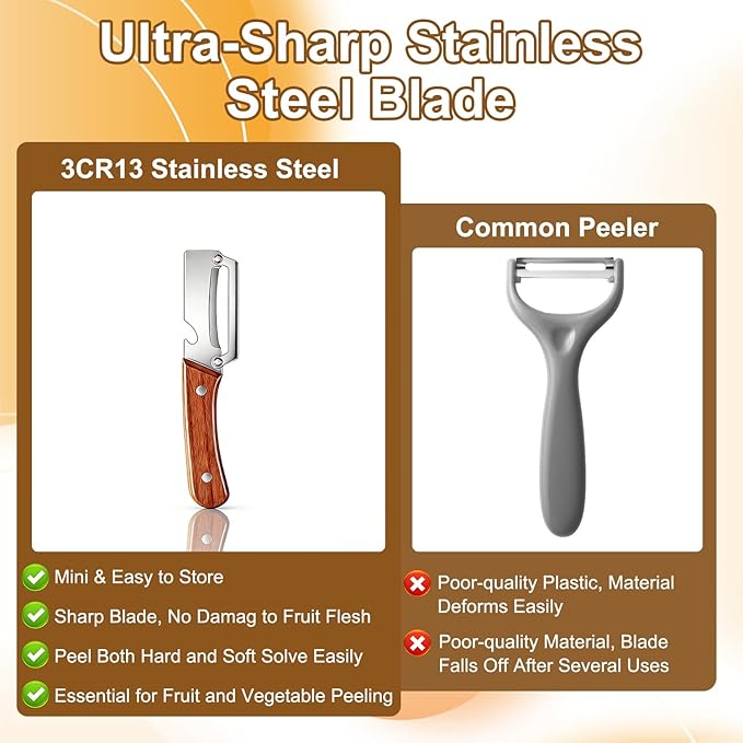 2PCS Multi Functional Premium Vegetable Peeler with Wooden Handle and Bottle Opener,Stainless Steel Blade Kitchen Tool for Fruit Apple Potato Pumpkin Papaya Carrot