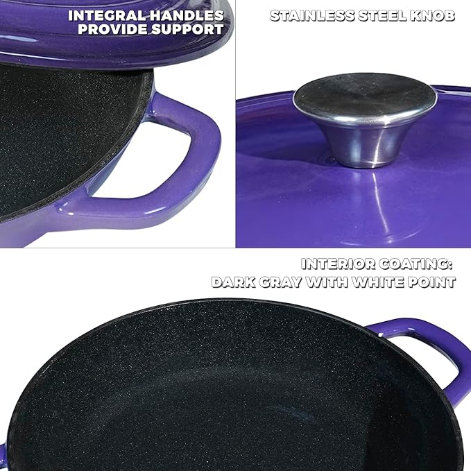 Flavehc Braiser Enameled Cast Iron Braiser 2.25 qt Braiser Pan with Lid Purple Shallow Cast Iron Casserole Braiser Pan with Handels