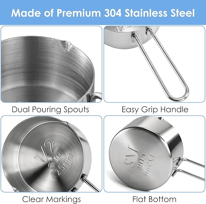 YOUEON 6 Pcs 1/2 Cup (125ml) Stainless Steel Measuring Scoops, Metal Measuring Cups with Handle for Dog Food, Coffee, Baking, Cooking, Dishwasher Safe