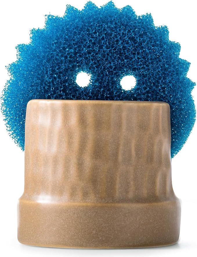Sponge Holder for Kitchen Sink, Ceramic Sink Scrub Sponge Tray Dish Rack for Scrubbers, Kitchen Organizer, Brown