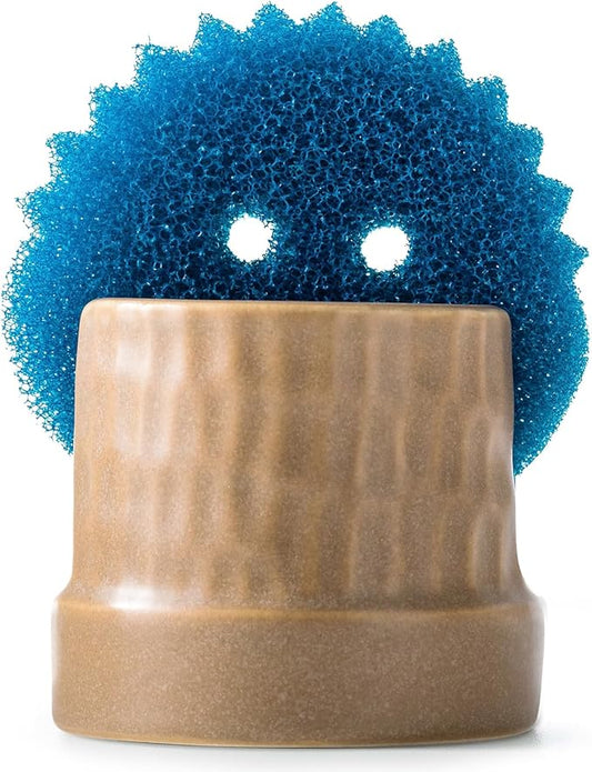 Sponge Holder for Kitchen Sink, Ceramic Sink Scrub Sponge Tray Dish Rack for Scrubbers, Kitchen Organizer, Brown