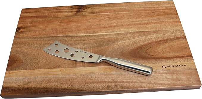Swissmar Acacia Cheese Board Set – Wooden Serving & Cutting Board with Non-Slip Base and Stainless Steel Knife – Durable, Water-Resistant - Perfect for Kitchen Collection - 15" x 10”