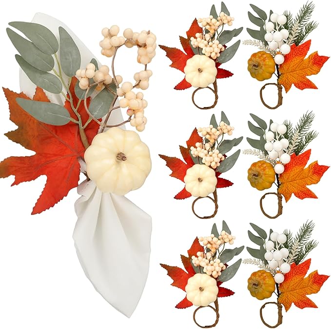Set of 6 Pcs Thanksgiving Napkin Rings Pumpkin Artificial Maple Leaf Ring Holder for Table Dinner Thanksgiving Retro Pumpkin Napkin Holder for Fall Gathering Wedding Dinner Table Decoration