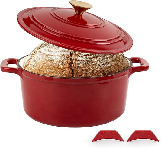 Tastedeli Enamel Cast Iron Dutch Oven with Lid, Round Casserole Pot for Bread Baking, Braising, Roasting, and Stews, Heavy-Duty, Oven Safe, Induction Compatible (4.7QT,Red)