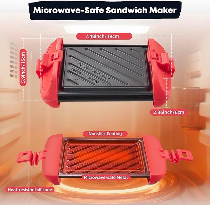 Microwave Sandwich Maker, Microwave Toastie Maker, Snack Maker & Panini Press, Microwavable Metal, Removable Non-Stick Plates Silicone Microwavable Cookware, Dishwasher Safe, Red