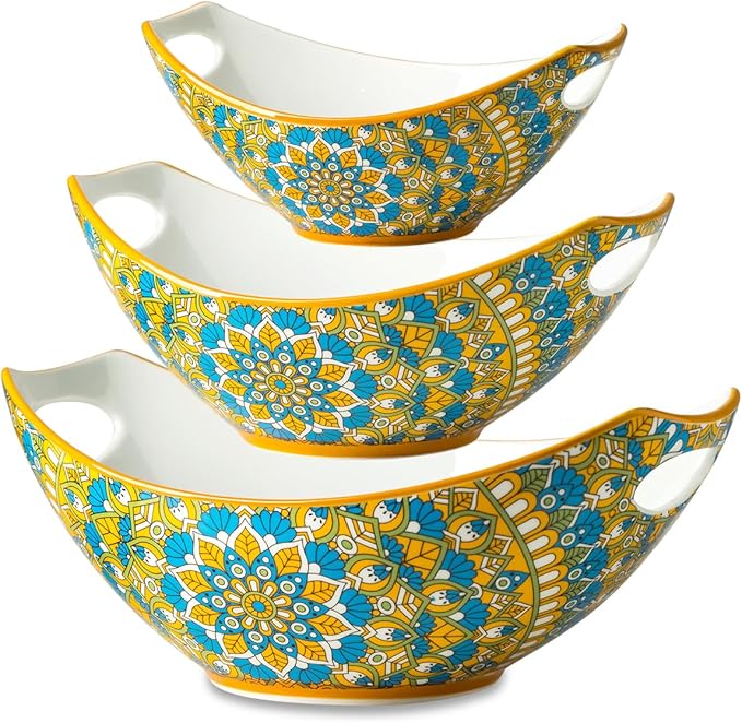 LAUCHUH Serving Dishes for Entertaining, Porcelain Serving Bowls with Handles Bohemian Salad Bowls Set Nesting Bowls for St. Patrick's Day Party, Set of 3, 15/28/49 oz, Blue and Yellow