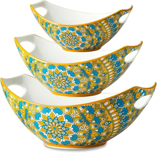 LAUCHUH Serving Dishes for Entertaining, Porcelain Serving Bowls with Handles Bohemian Salad Bowls Set Nesting Bowls for St. Patrick's Day Party, Set of 3, 15/28/49 oz, Blue and Yellow