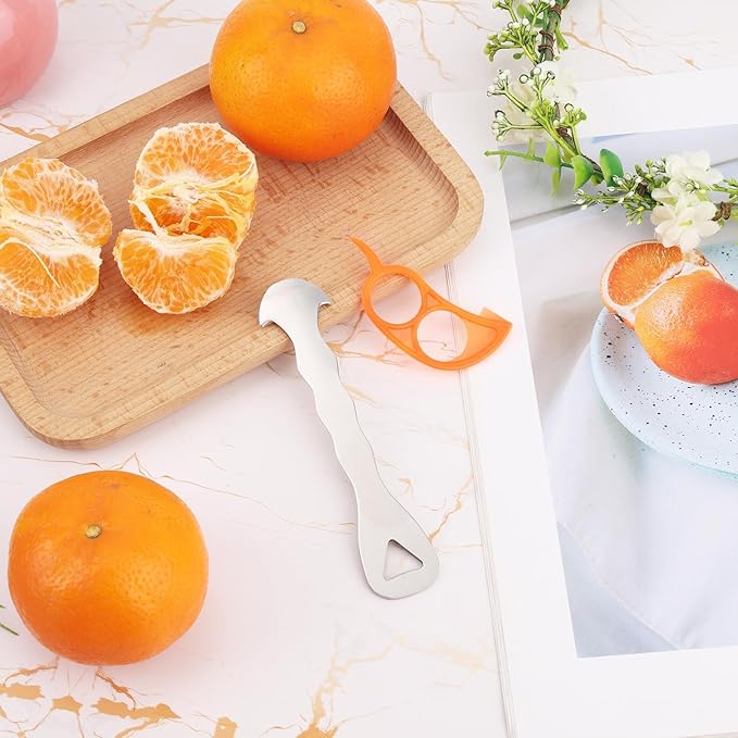 2 Pcs Orange Peelers, Stainless Steel All-in-One Citrus Peeler with Hanging Hole Fruit Peeling Tool for Oranges Tangerines Lemons Grapefruits Practical Kitchen Tool