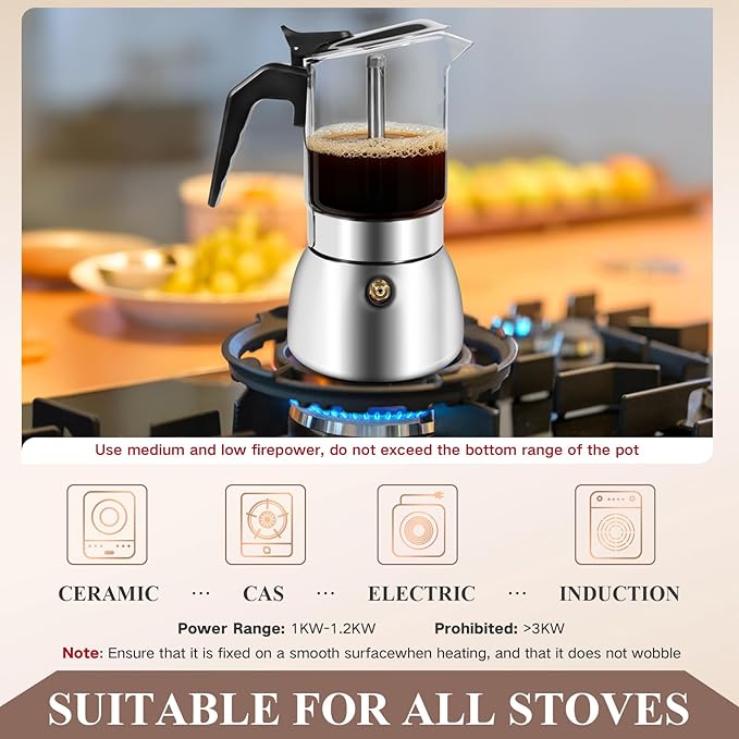 Newdehanm Stovetop Espresso Moka Pot, Crystal Glass-Top & Stainless Steel Italian Coffee maker, 300ml(6cup) (silver)