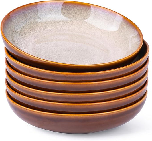 LERATIO Large Pasta Bowls,38oz Ceramic Pasta Bowls,9.0" Reactive Glaze Pasta Bowl Set of 6,Microwave & Dishwasher,Oven Safe,Wide Serving Bowls for Salad,Pasta,Fruit,Scratch Resistant-Khaki